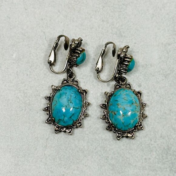 Womens Earrings Blue Stone Cabochon Silver Tone 1.75" Western Clip On Jewelry - Picture 9 of 11